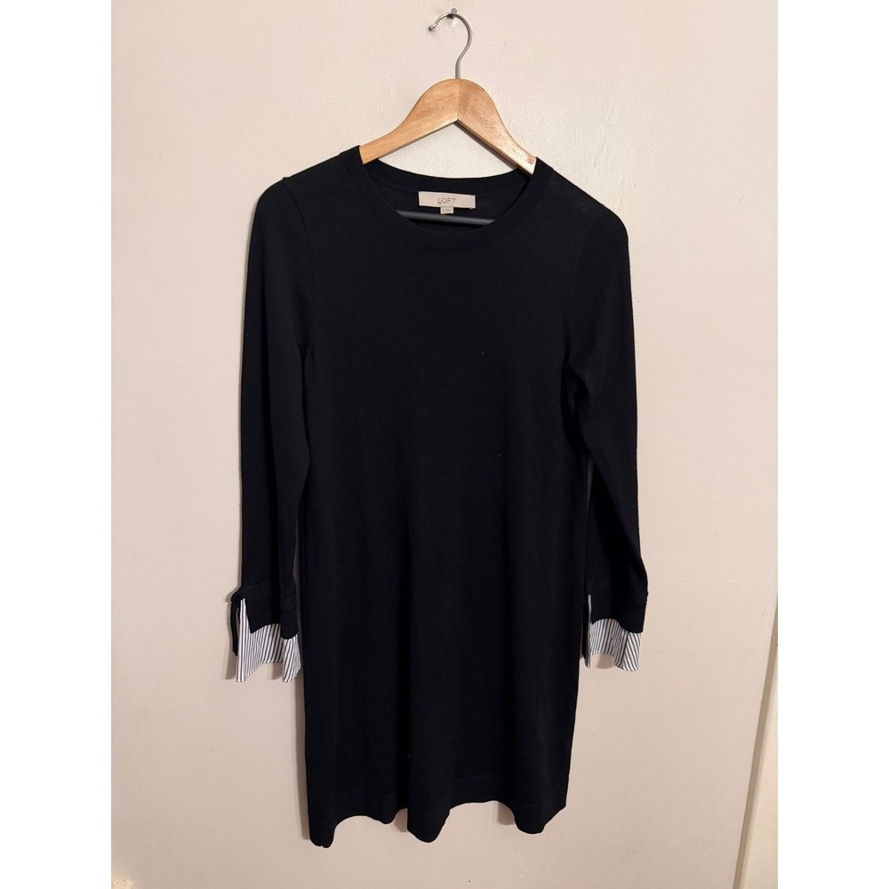 LOFT Black Long Sleeve Sweater Dress Striped Tie Cuff Mixed Media Size Small